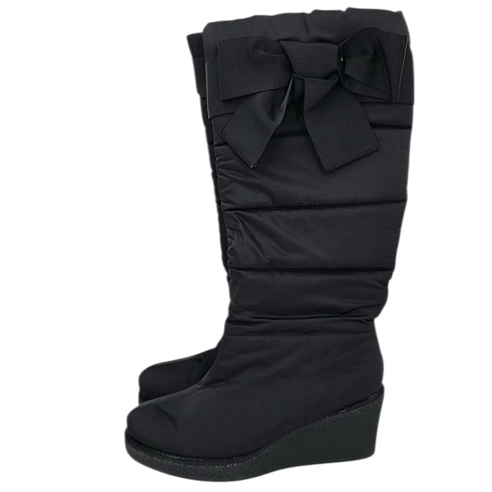 Kate Spade New York Cagney Quilted Bow Wedge Boot Black Satin Women's‎ Size 6 M
